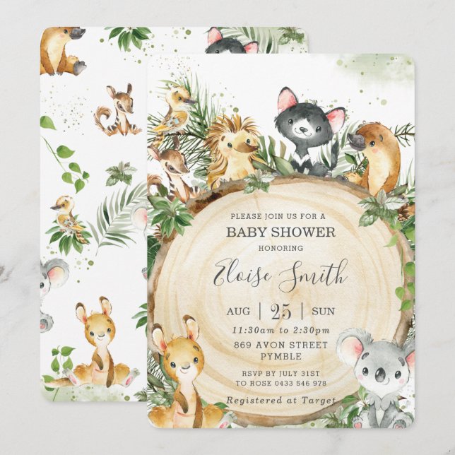 Cute Australian Animals Wood Greenery Baby Shower  Invitation (Front/Back)
