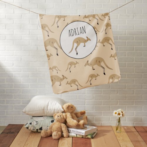 Cute Australian Kangaroo Pattern Custom Name Baby Blanket