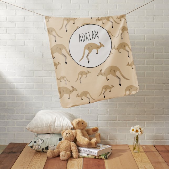Cute Australian Kangaroo Pattern Custom Name Baby Blanket (In Situ)