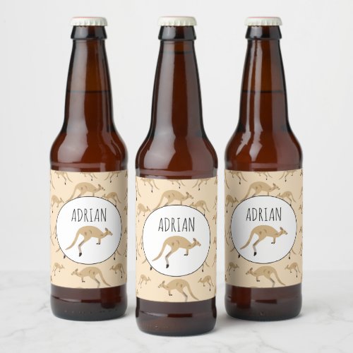 Cute Australian Kangaroo Pattern Custom Name Beer Bottle Label