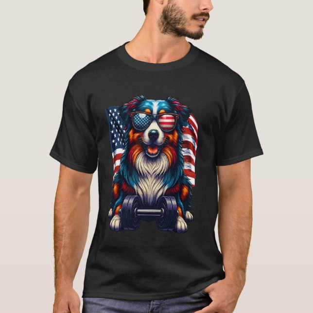 Cute Australian Shepherd Bodybuilder American Flag T-Shirt (Front)