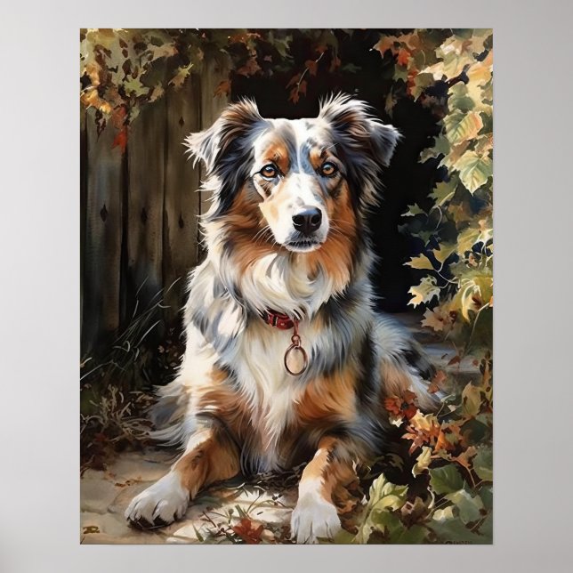 Cute Australian Shepherd Dog Art Print Poster (Front)