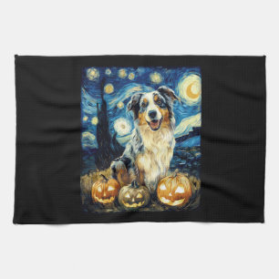 Cute Australian Shepherd Dog Halloween Jack O Lant Kitchen Towel