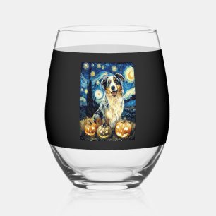 Cute Australian Shepherd Dog Halloween Jack O Lant Stemless Wine Glass