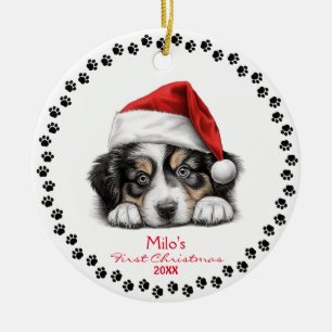 Cute Australian Shepherd Dog Santa Hat Pencil Art Ceramic Ornament