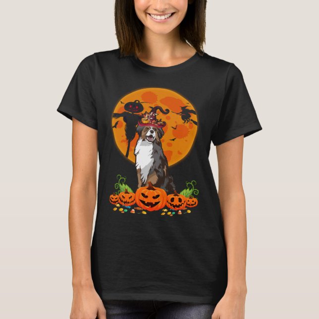 Cute Australian Shepherd Dog Witch Pumpkin Hallowe T-Shirt (Front)