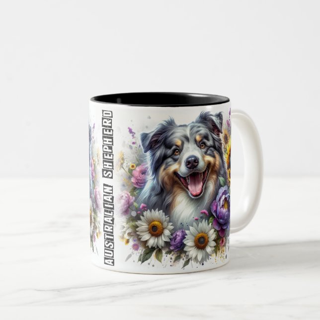 Cute Australian Shepherd Dog Wrap Two-Tone Coffee Mug (Front Right)
