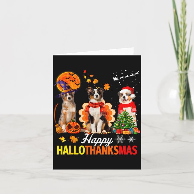 Cute Australian Shepherd Happy Hallothanksmas Xmas Card (Front)