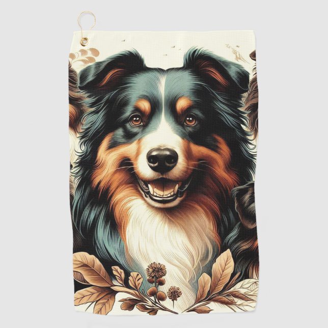 Cute Australian Shepherd Painting Golf Towel (Front)