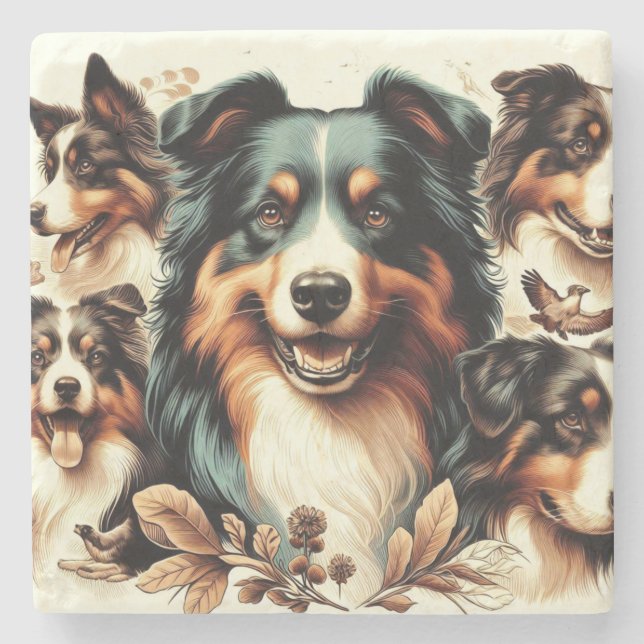 Cute Australian Shepherd Painting Stone Coaster (Front)