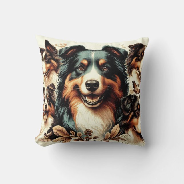 Cute Australian Shepherd Painting Throw Pillow (Front)
