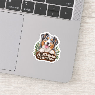 Cute Australian Shepherd Puppy with Rustic Woodlan Sticker