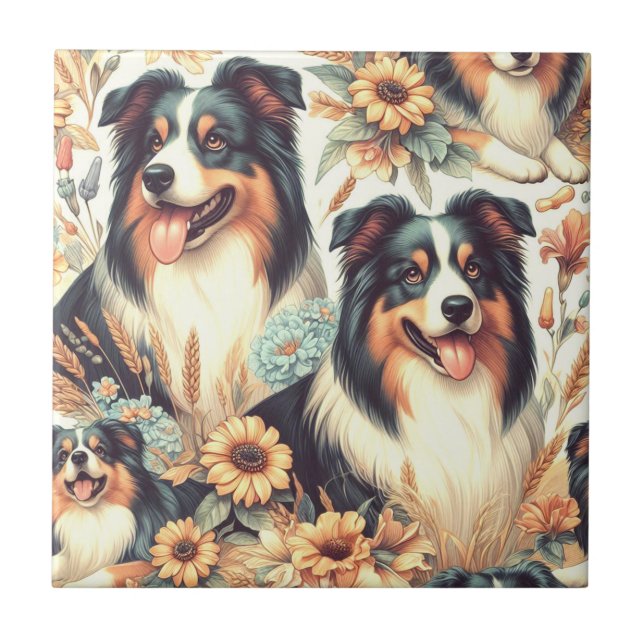Cute Australian Shepherd Vintage Painting Ceramic Tile (Front)