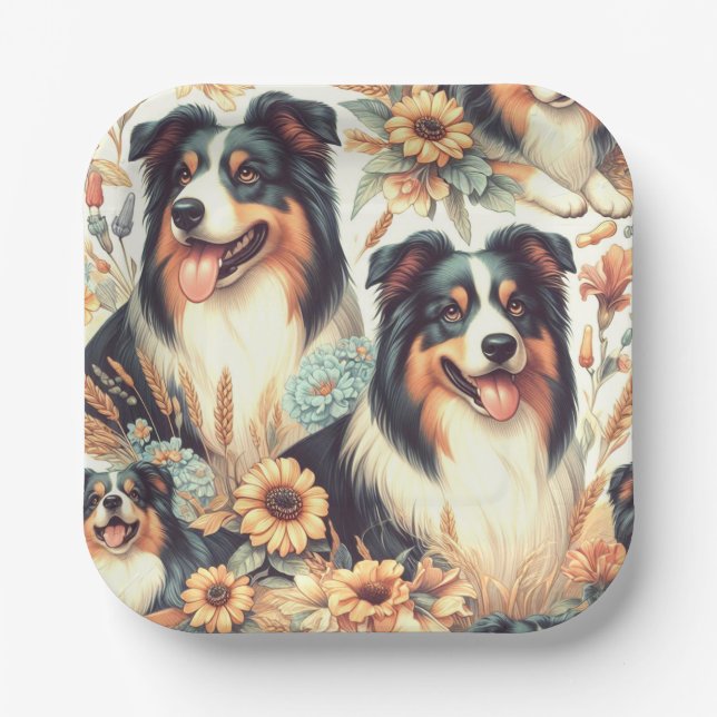 Cute Australian Shepherd Vintage Painting Paper Plates (Front)