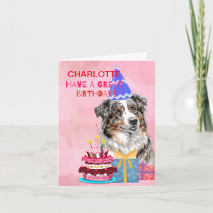 Cute Australian Shepherd With Cake Birthday Card