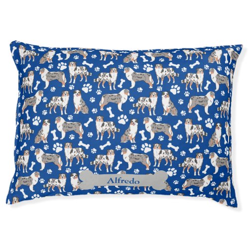 Cute Australian Shepherds Paws Bones Blue Pet Bed