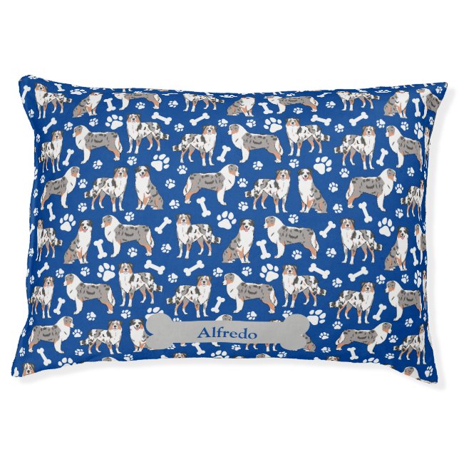 Cute Australian Shepherds Paws Bones Blue Pet Bed (Front)