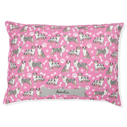 Cute Australian Shepherds Paws Bones Pink Pet Bed