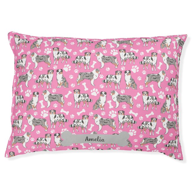 Cute Australian Shepherds Paws Bones Pink Pet Bed (Front)