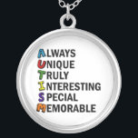 Cute Autism Awareness Acrostic Silver Plated Necklace<br><div class="desc">A beautiful acrostic word poem for Autism. Always Unique Truly Interesting Special Memorable. Great positive attributes of being autistic. I love someone with autism. Acronyms are so cool.</div>