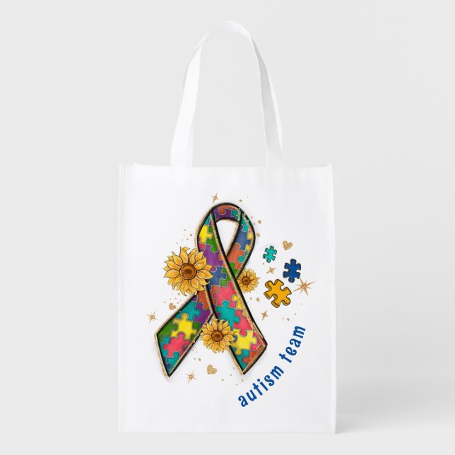 cute autism awareness ribbon puzzle piece  grocery bag (Front)