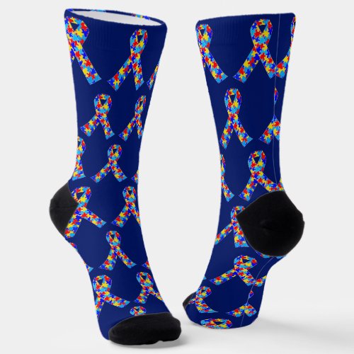 Cute Autism Awareness Ribbon Royal Blue Pattern Socks