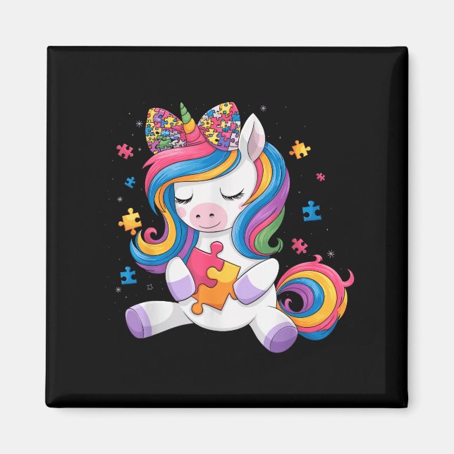 Cute Autism Awareness Toddler Girl Bow Unicorn Puz Magnet (Front)