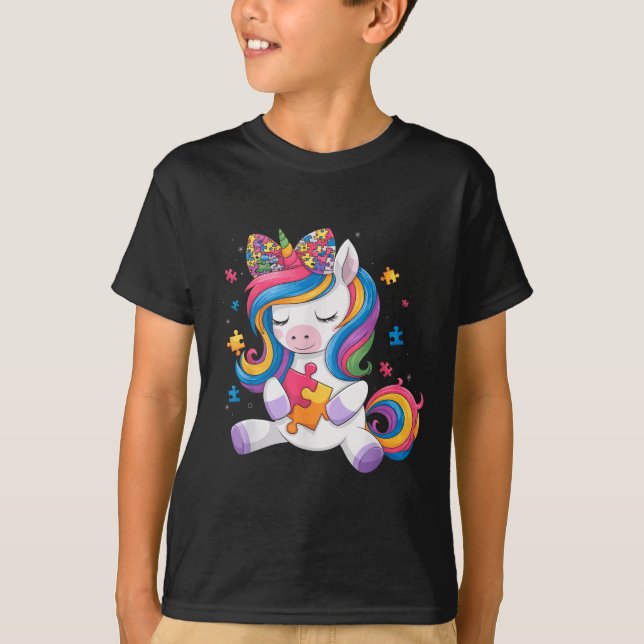Cute Autism Awareness Toddler Girl Bow Unicorn Puz T-Shirt (Front)
