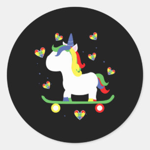 Cute Autistic Skateboarding Unicorn Magic Hearts Classic Round Sticker