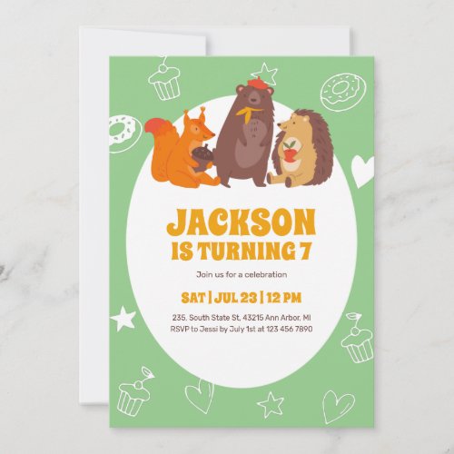 Cute Autumn Animals Bear Squirrel Kids Birthday Invitation