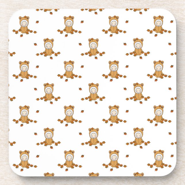 Cute Autumn Babies in Falling Leaves Pattern Beverage Coaster (Front)