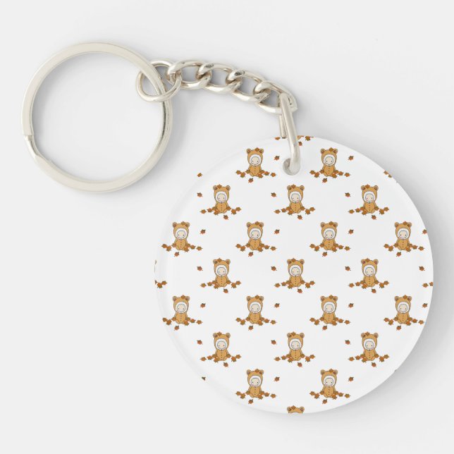 Cute Autumn Babies in Falling Leaves Pattern Keychain (Front)