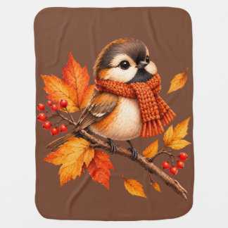 Cute Autumn Bird with Cozy Scarf – Fall Leaves Baby Blanket
