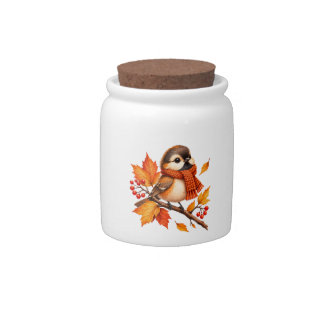 Cute Autumn Bird with Cozy Scarf – Fall Leaves Candy Jar