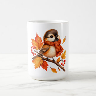 Cute Autumn Bird with Cozy Scarf – Fall Leaves Coffee Mug