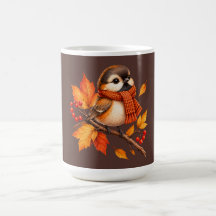 Cute Autumn Bird with Cozy Scarf – Fall Leaves
