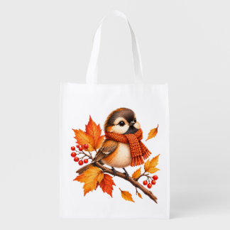 Cute Autumn Bird with Cozy Scarf – Fall Leaves Grocery Bag