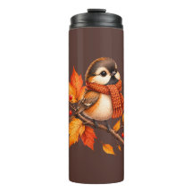 Cute Autumn Bird with Cozy Scarf – Fall Leaves