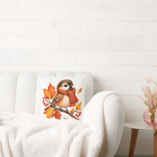 Cute Autumn Bird with Cozy Scarf – Fall Leaves Throw Pillow