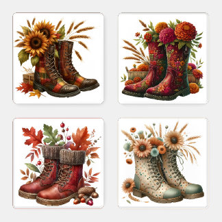 CUTE AUTUMN BOOTS WITH PRETTY FALL FLOWERS COASTER SET