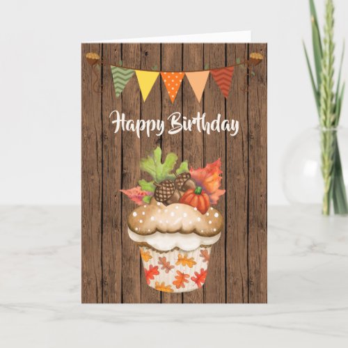 Cute Autumn Cupcake and Bunting Fall Birthday Card