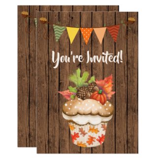 Cute Autumn Cupcake and Bunting Fall Birthday Invitation