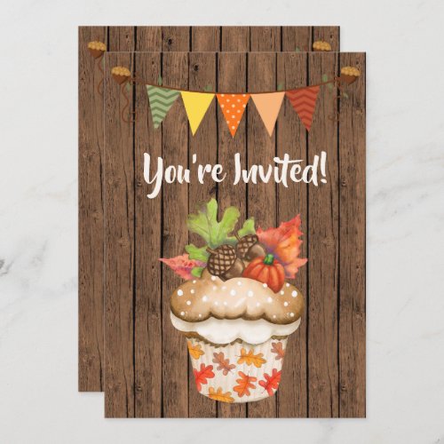 Cute Autumn Cupcake and Bunting Fall Birthday Invitation