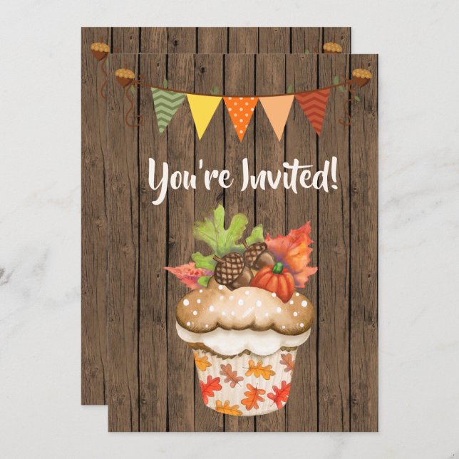 Cute Autumn Cupcake and Bunting Fall Birthday Invitation (Front/Back)