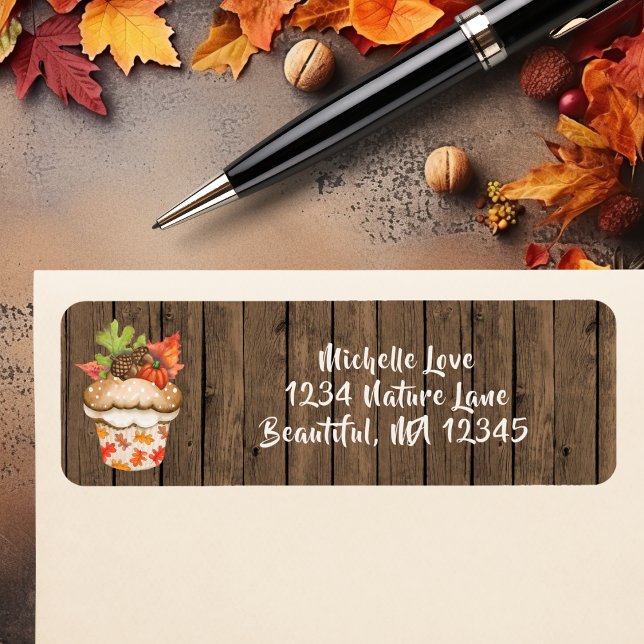 Cute Autumn Cupcake on Wood Fall Address Label (Cute Autumn Cupcake on Wood Fall Address Label)