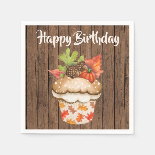 Cute Autumn Cupcake on Wood Fall Happy Birthday Napkins