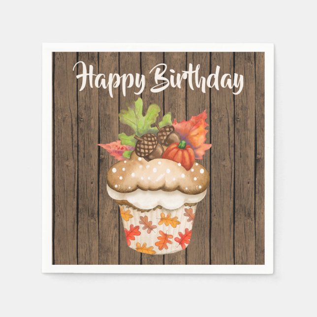 Cute Autumn Cupcake on Wood Fall Happy Birthday Napkins (Front)