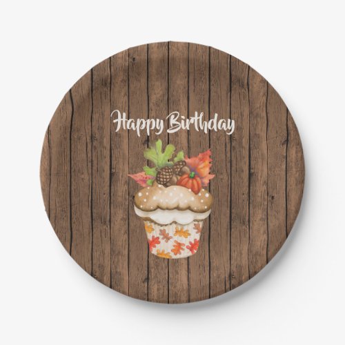 Cute Autumn Cupcake on Wood Fall Happy Birthday Paper Plates