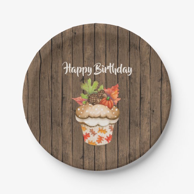Cute Autumn Cupcake on Wood Fall Happy Birthday Paper Plates (Front)