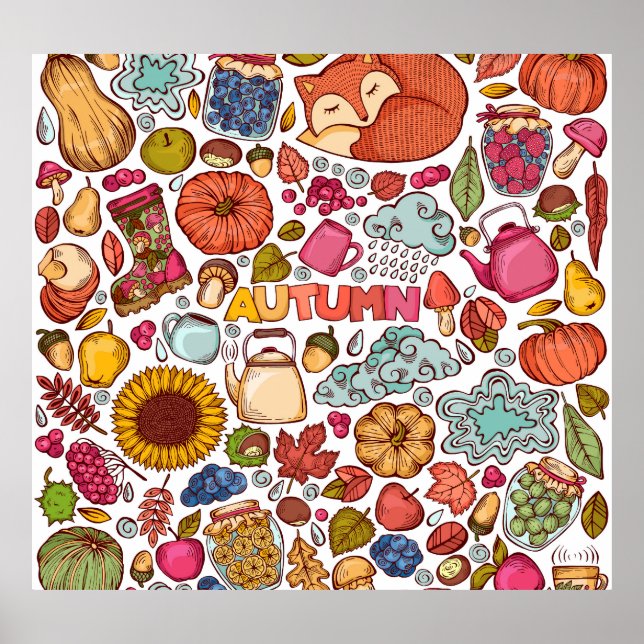Cute Autumn Elements Hand Drawn Poster (Front)